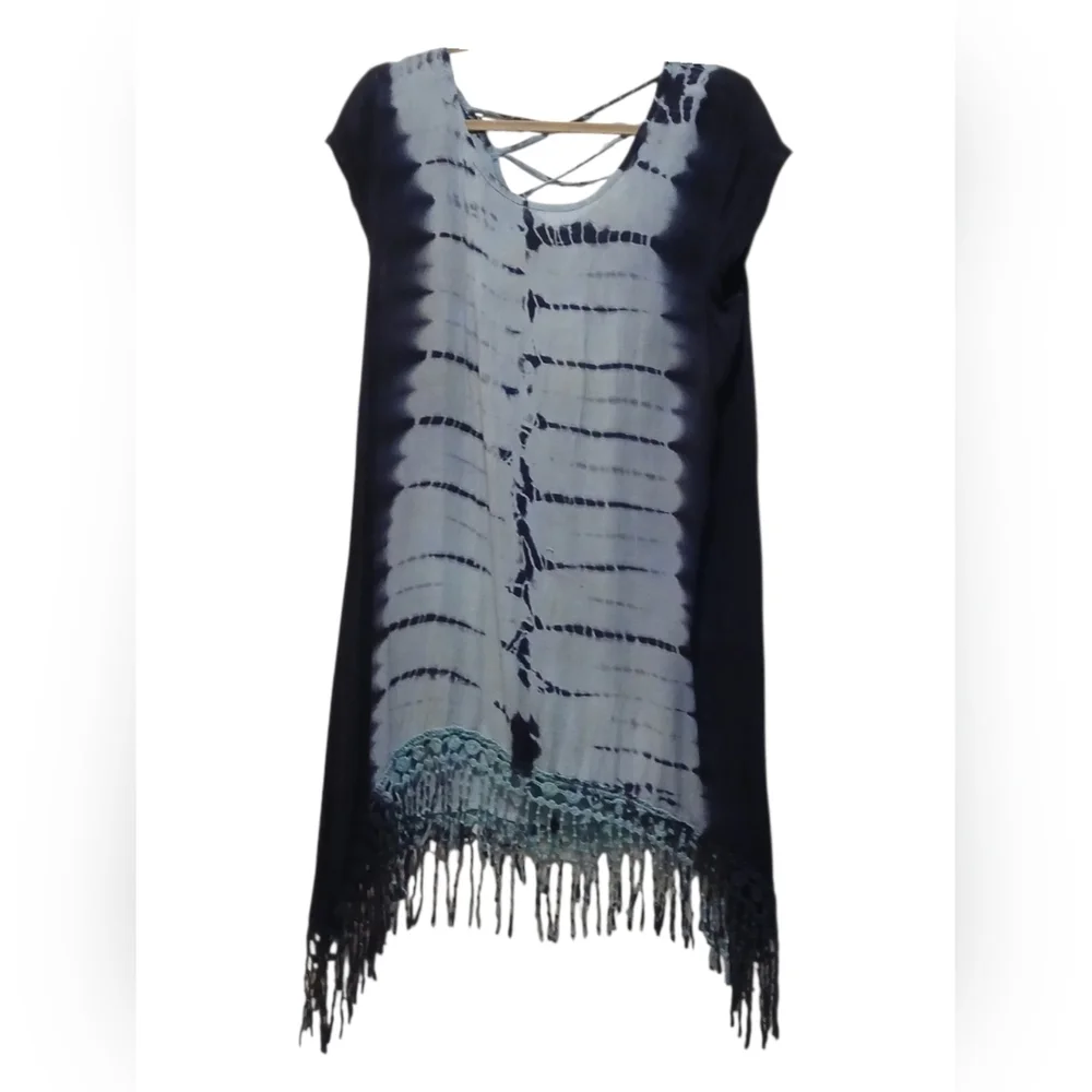 Blue Island - NWOT Hi/Lo Tie-Dye Beach Dress W/Crochet Fringe, Criss Cross Back - Picture 3 of 8